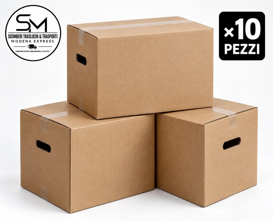 Tre scatoloni da trasloco in cartone ondulato 30×40×50 cm, confezione da 10 pezzi, con il logo SM Express